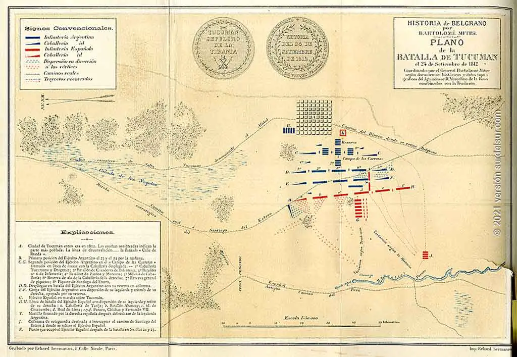 Plano de la Batalla de Tucumán de 1812. Pertenece a la Historia de Belgrano escrita por Bartolomé Mitre. San Miguel de Tucumán