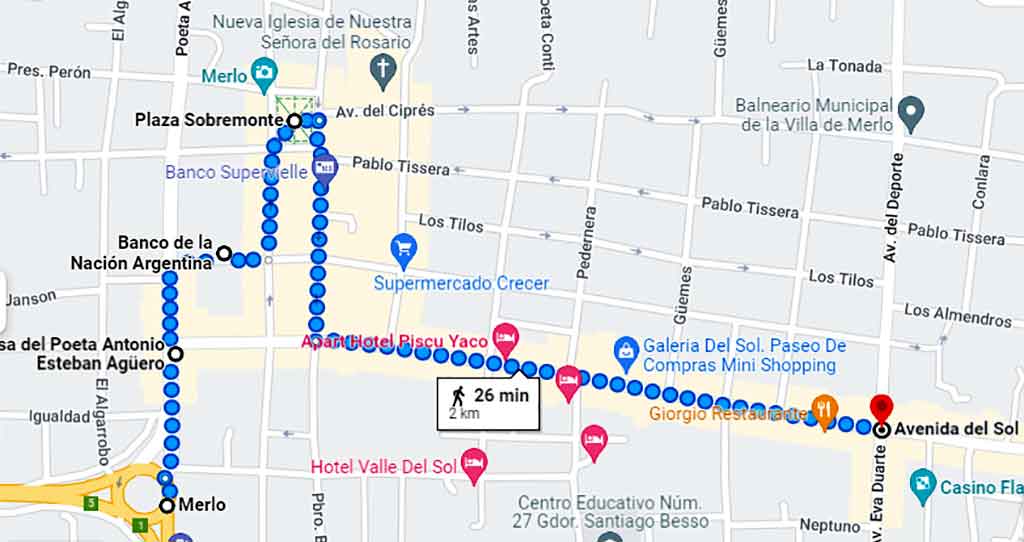 Plano del centro de Villa de Merlo San Luis, con recorrido peatonal.