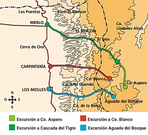 Mapa de excursiones desde Merlo a los cerros.