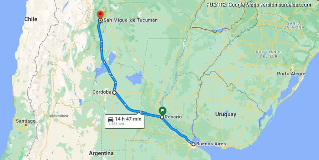 Mapa cómo llegar a Tucumán capital, desde Buenos Aires. Mejores rutas