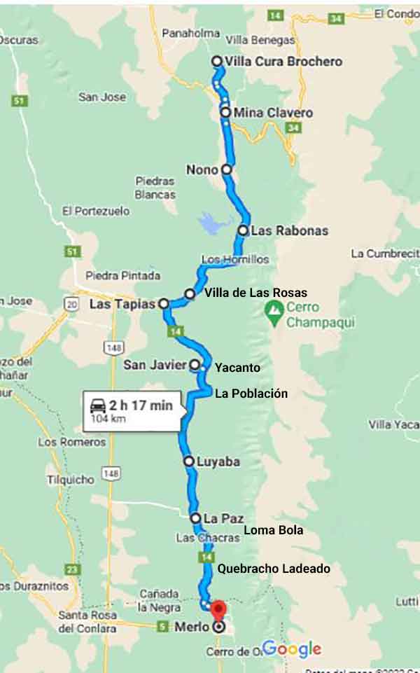 Mapa del Camino de la Costa Traslasierra Córdoba